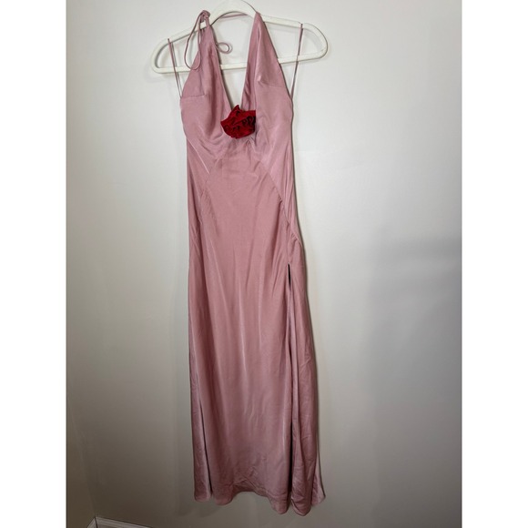Bardot Aradia Pink Silk Halter Neck Maxi Dress Red Rose Accent - Picture 5 of 9
